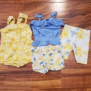 Gap Baby EUC 12-18 month blue & yellow daisy set - romper, top, leggings, shorts